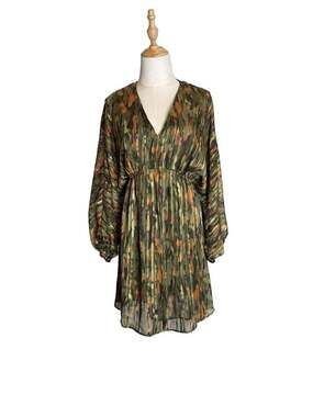 Scalpers Abstract Print Plissé Mini Dress with Beaded Tie Size S